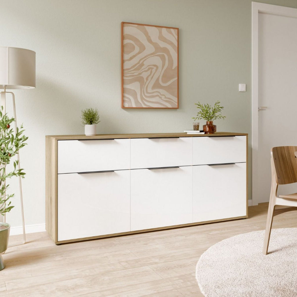 Orkney 3 Drawer Sideboard with 3 Doors in Mauvella Oak and White Gloss
