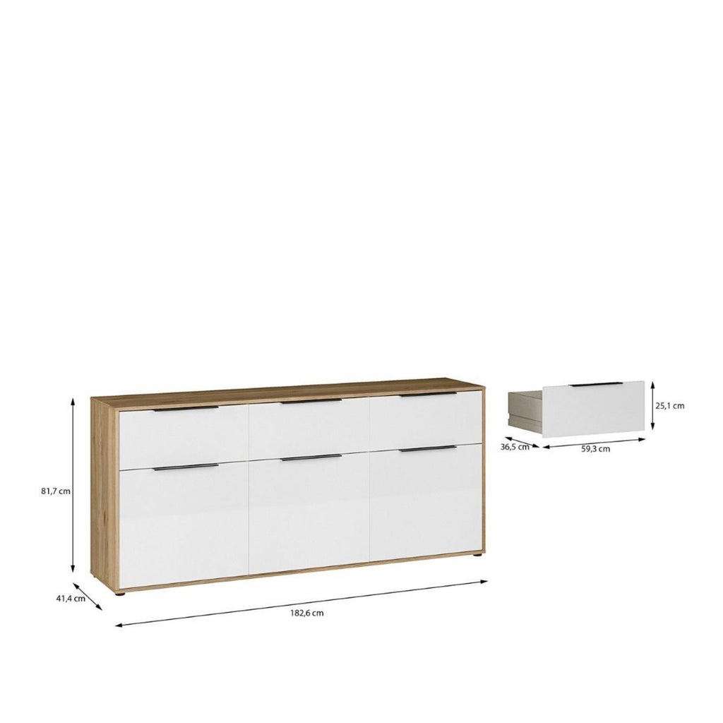 Orkney 3 Drawer Sideboard with 3 Doors in Mauvella Oak and White Gloss