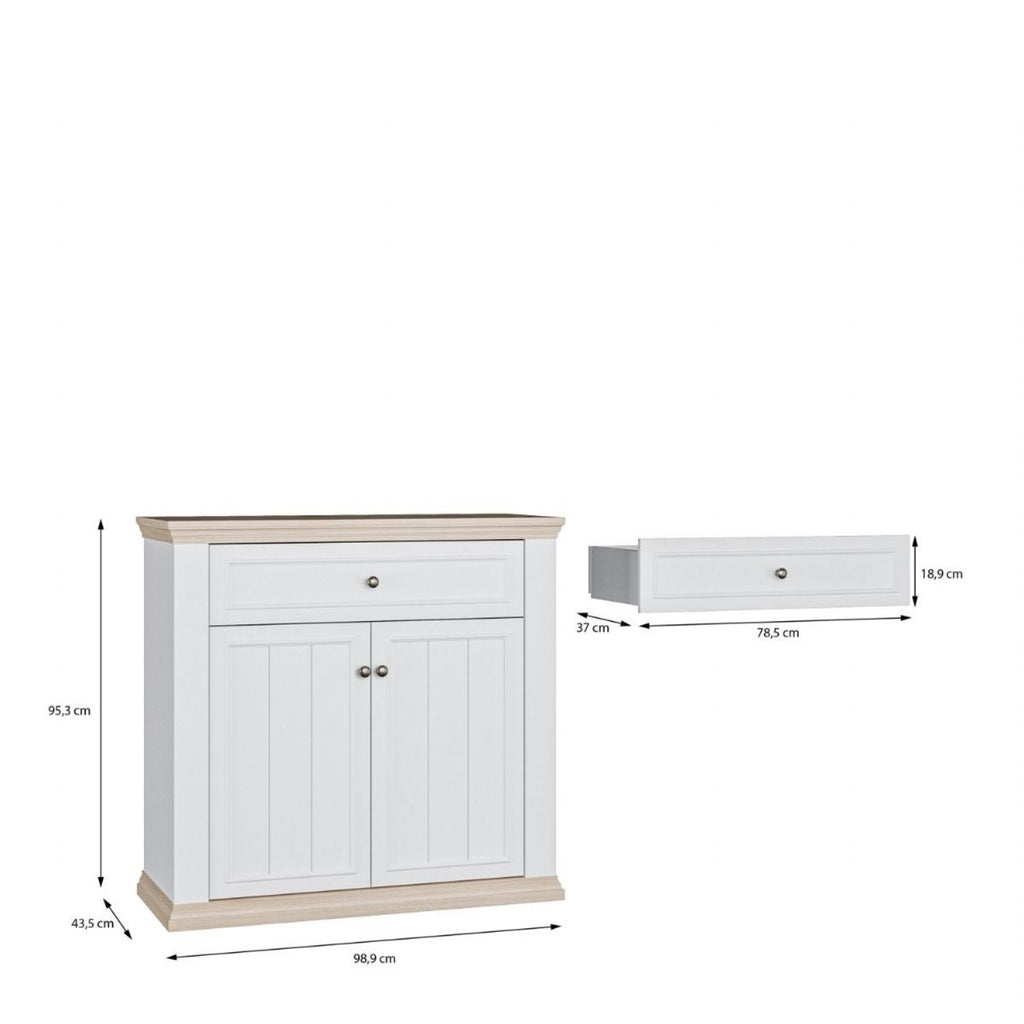 Pontypool 2 Door 1 Drawer Small Sideboard in White and Riva Oak