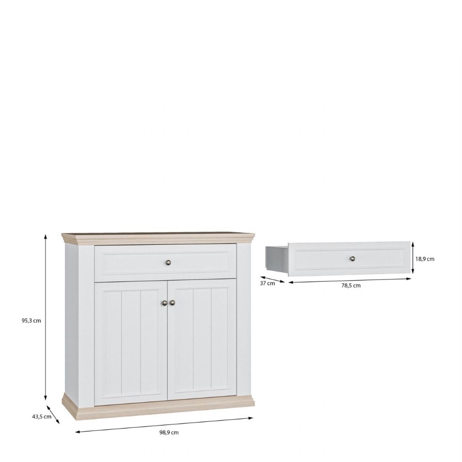 Pontypool 2 Door 1 Drawer Small Sideboard in White and Riva Oak