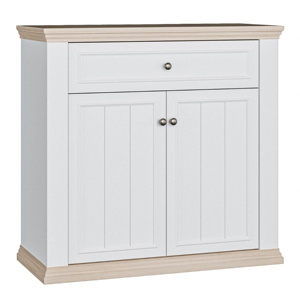 Pontypool 2 Door 1 Drawer Small Sideboard in White and Riva Oak