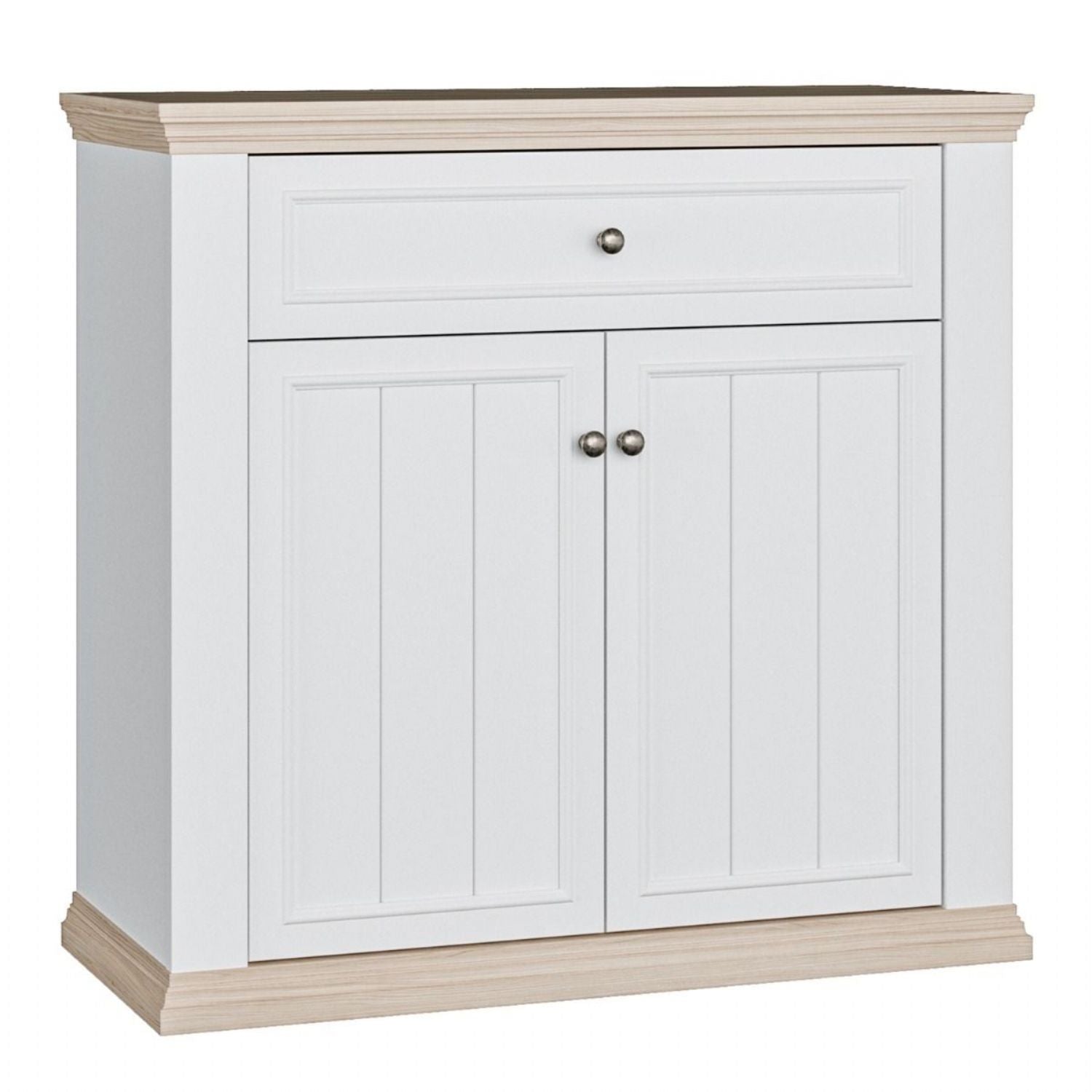 Pontypool 2 Door 1 Drawer Small Sideboard in White and Riva Oak