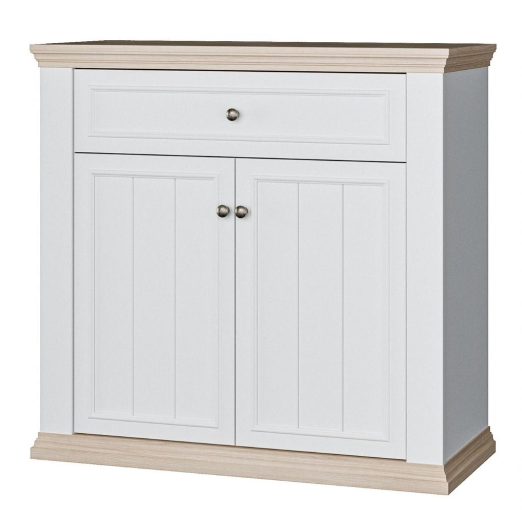 Pontypool 2 Door 1 Drawer Small Sideboard in White and Riva Oak