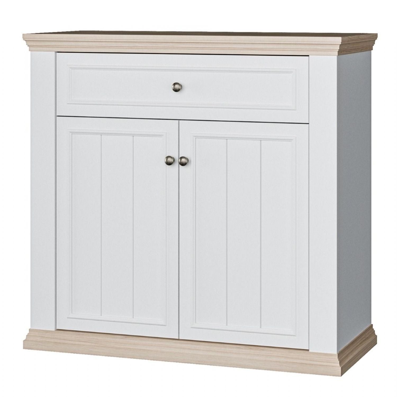 Pontypool 2 Door 1 Drawer Small Sideboard in White and Riva Oak