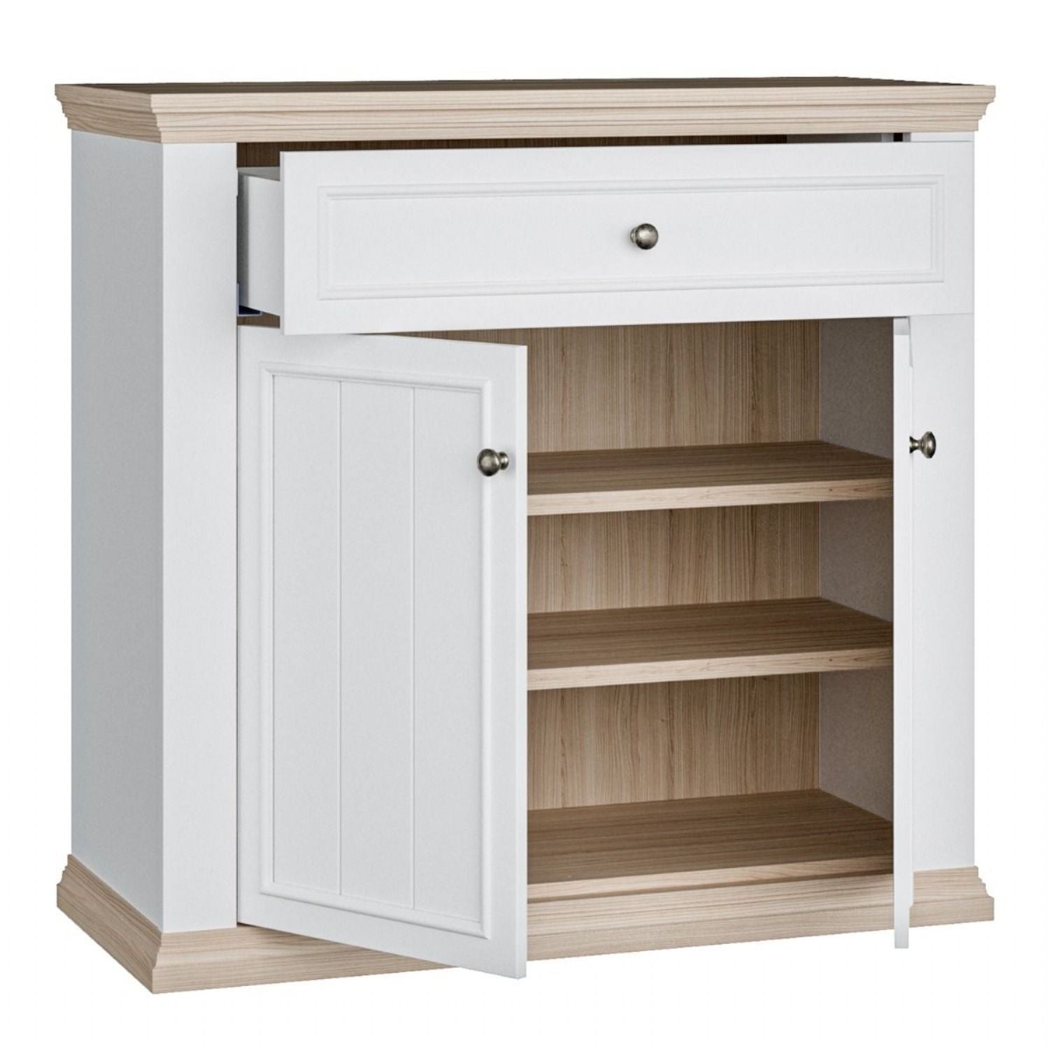 Pontypool 2 Door 1 Drawer Small Sideboard in White and Riva Oak