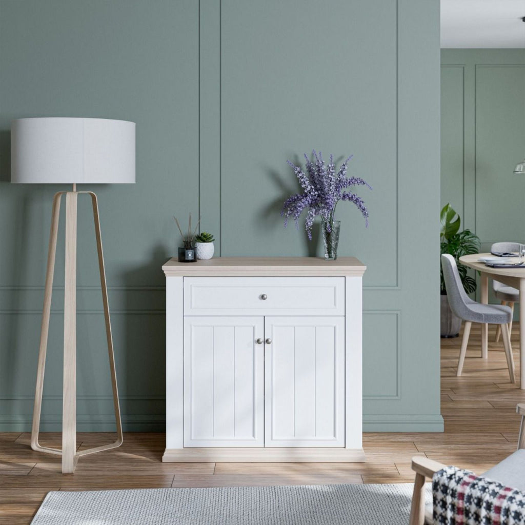 Pontypool 2 Door 1 Drawer Small Sideboard in White and Riva Oak