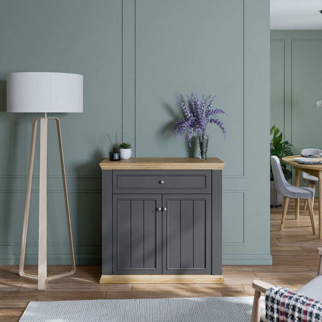Pontypool 2 Door 1 Drawer Small Sideboard in Wolfram Grey and Mauvella Oak