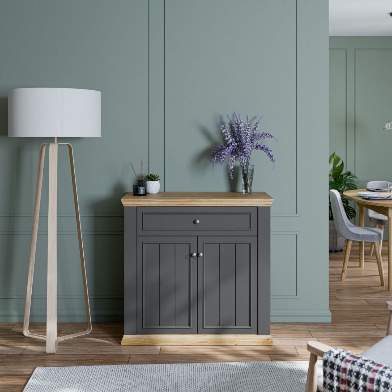 Pontypool 2 Door 1 Drawer Small Sideboard in Wolfram Grey and Mauvella Oak