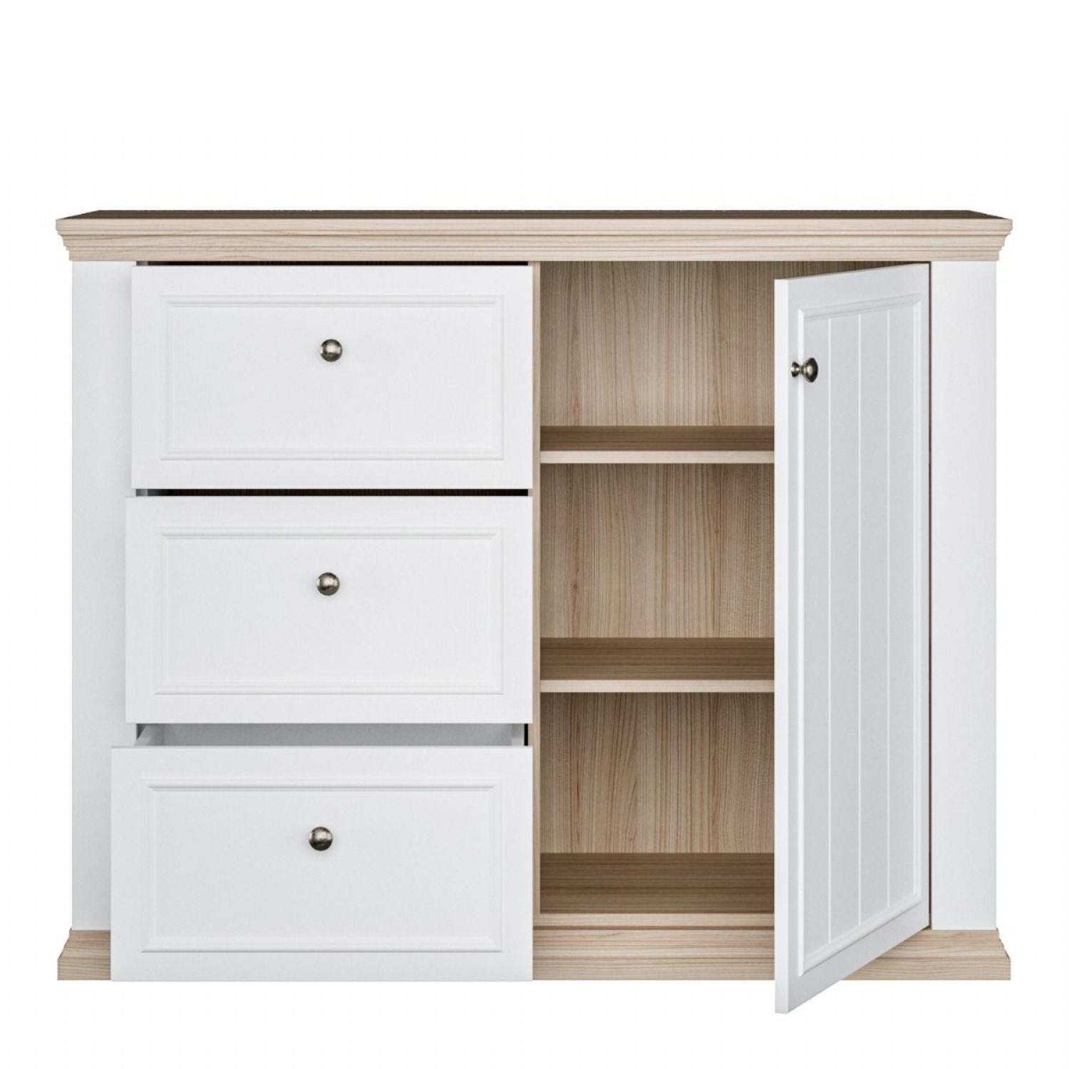 Pontypool 3 Drawer & 1 Door Sideboard in White and Riva Oak