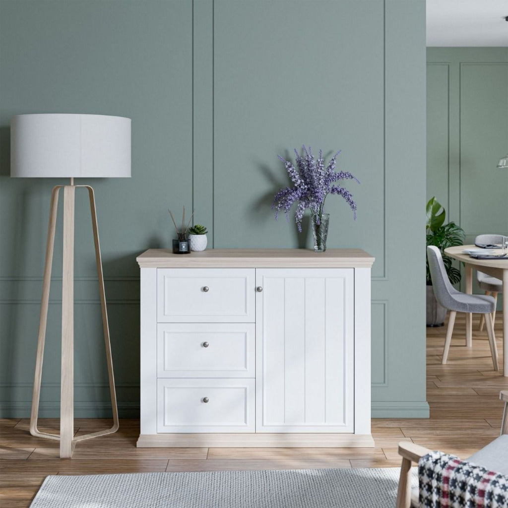Pontypool 3 Drawer & 1 Door Sideboard in White and Riva Oak