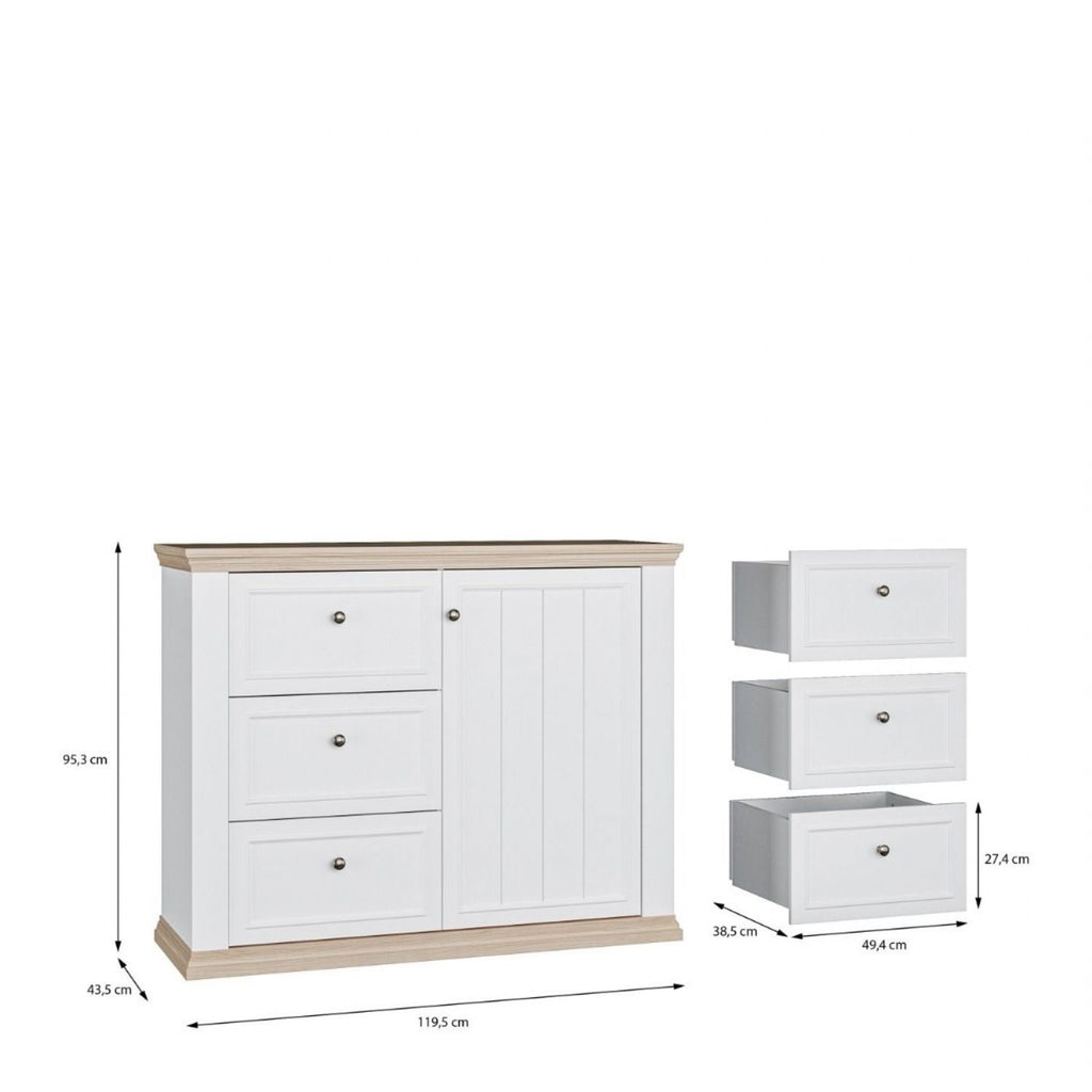Pontypool 3 Drawer & 1 Door Sideboard in White and Riva Oak