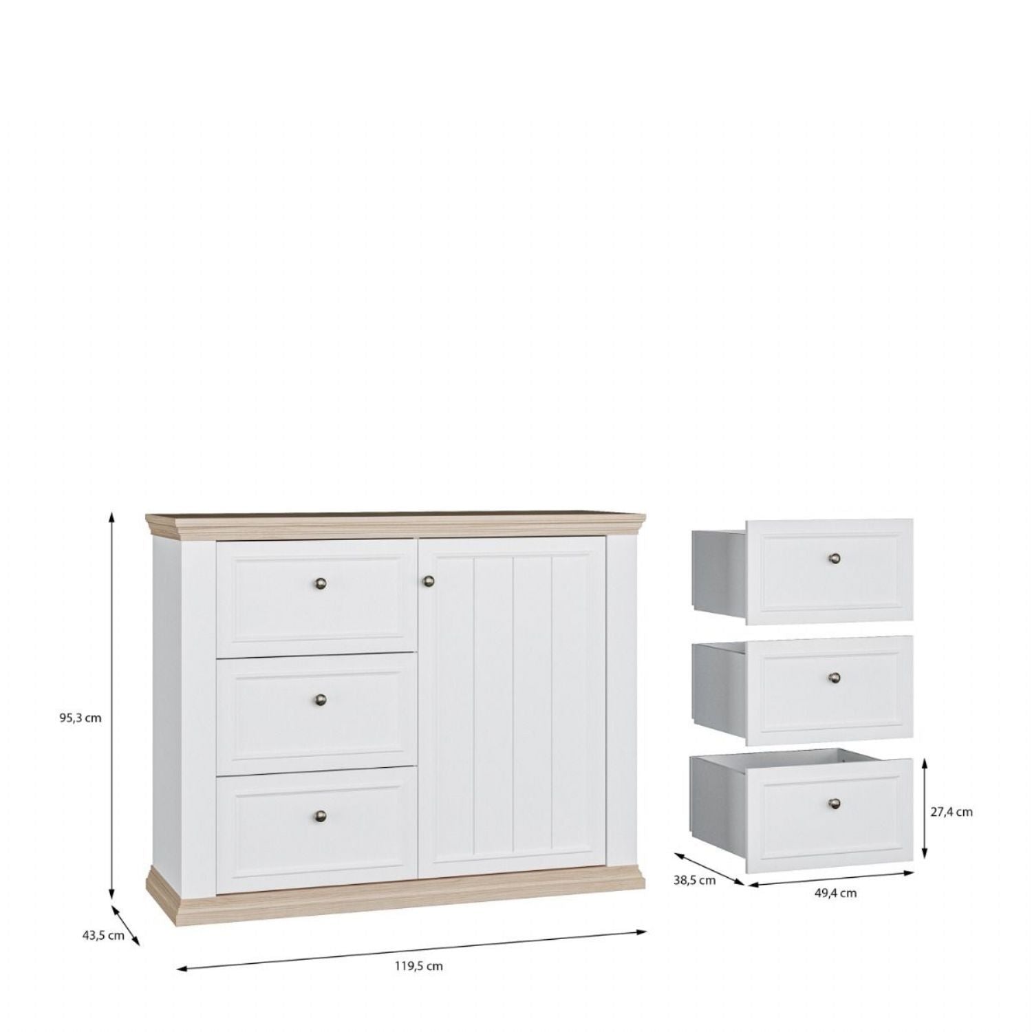 Pontypool 3 Drawer & 1 Door Sideboard in White and Riva Oak