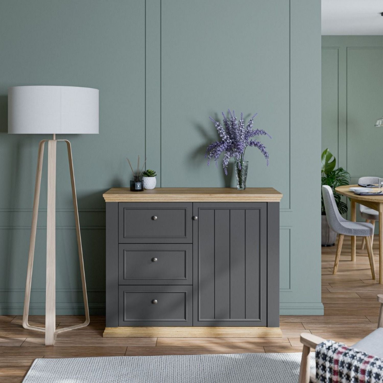 Pontypool 3 Drawer & 1 Door Sideboard in Grey and Mauvella Oak