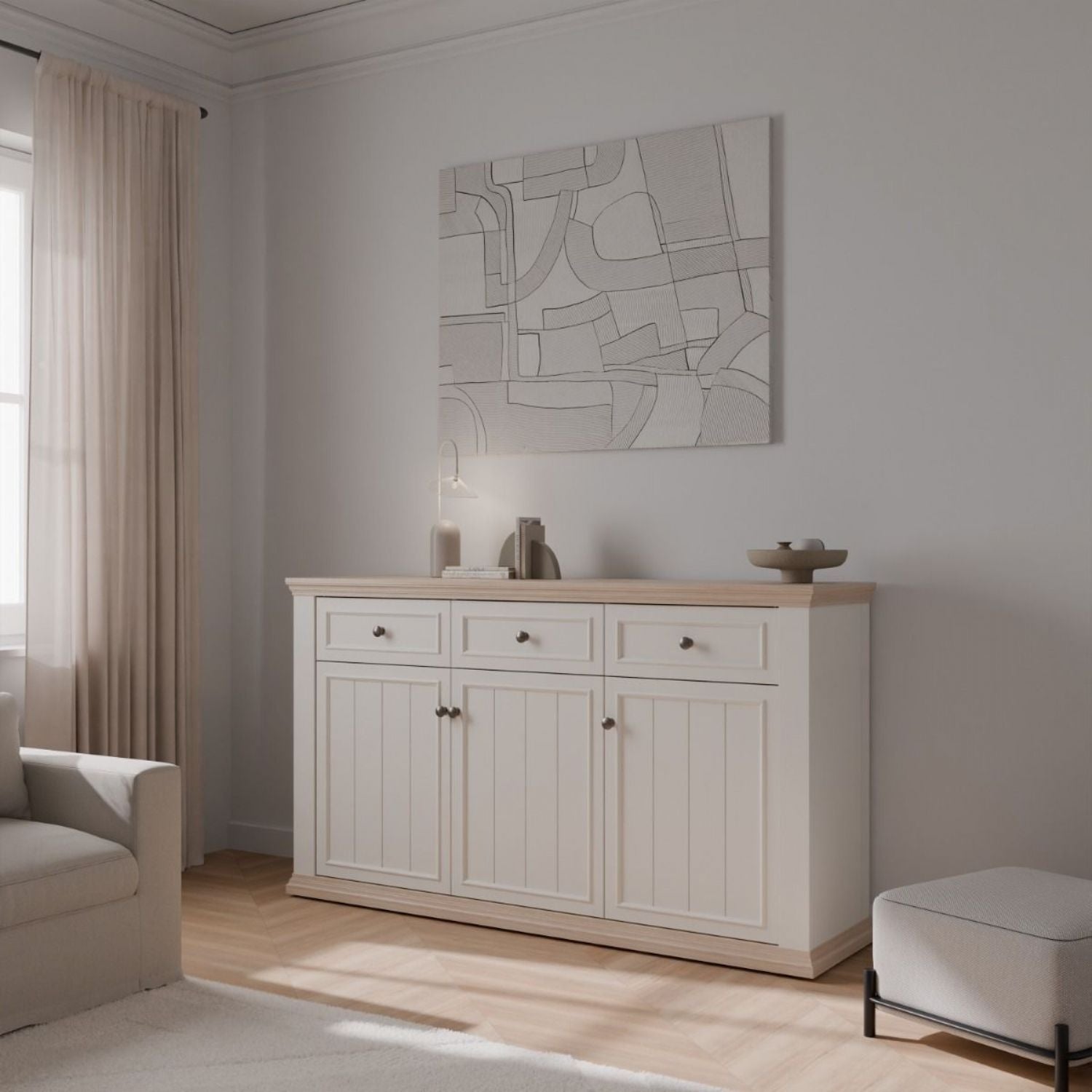 Pontypool 3 Drawer & 3 Door Sideboard in White and Riva Oak