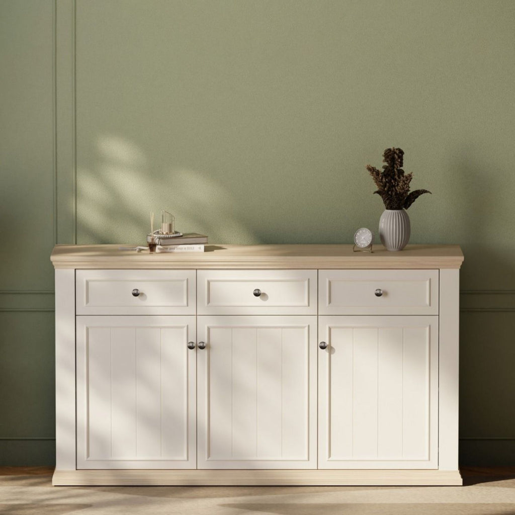 Pontypool 3 Drawer & 3 Door Sideboard in White and Riva Oak