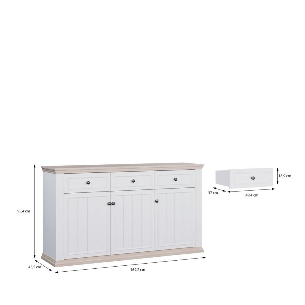 Pontypool 3 Drawer & 3 Door Sideboard in White and Riva Oak