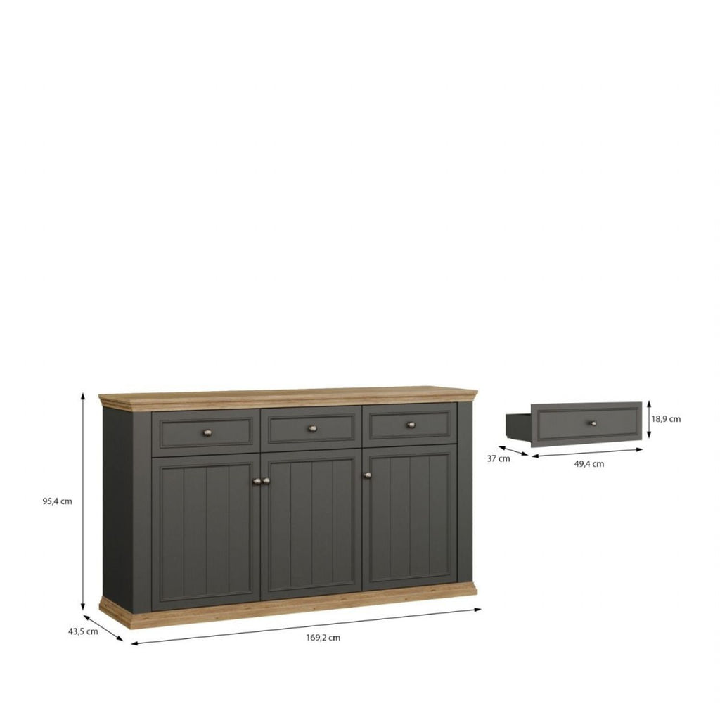 Pontypool 3 Drawer & 3 Door Sideboard in Grey and Mauvella Oak