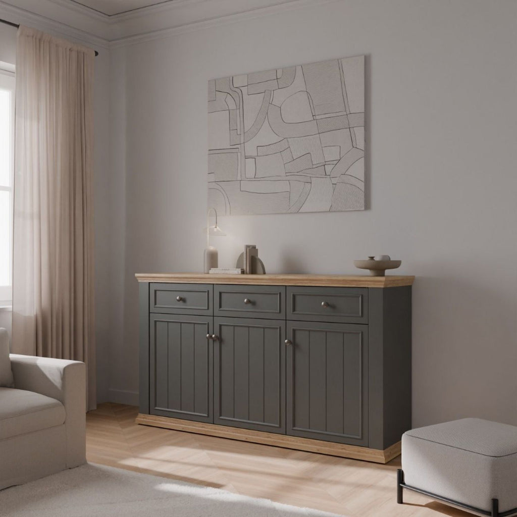 Pontypool 3 Drawer & 3 Door Sideboard in Grey and Mauvella Oak