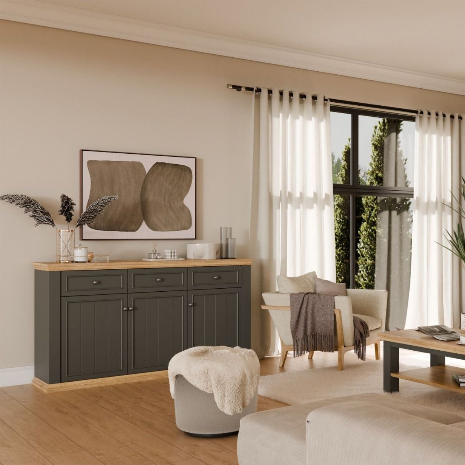 Pontypool 3 Drawer & 3 Door Sideboard in Grey and Mauvella Oak