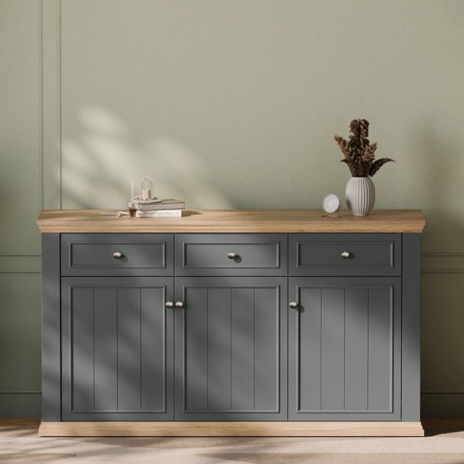 Pontypool 3 Drawer & 3 Door Sideboard in Grey and Mauvella Oak