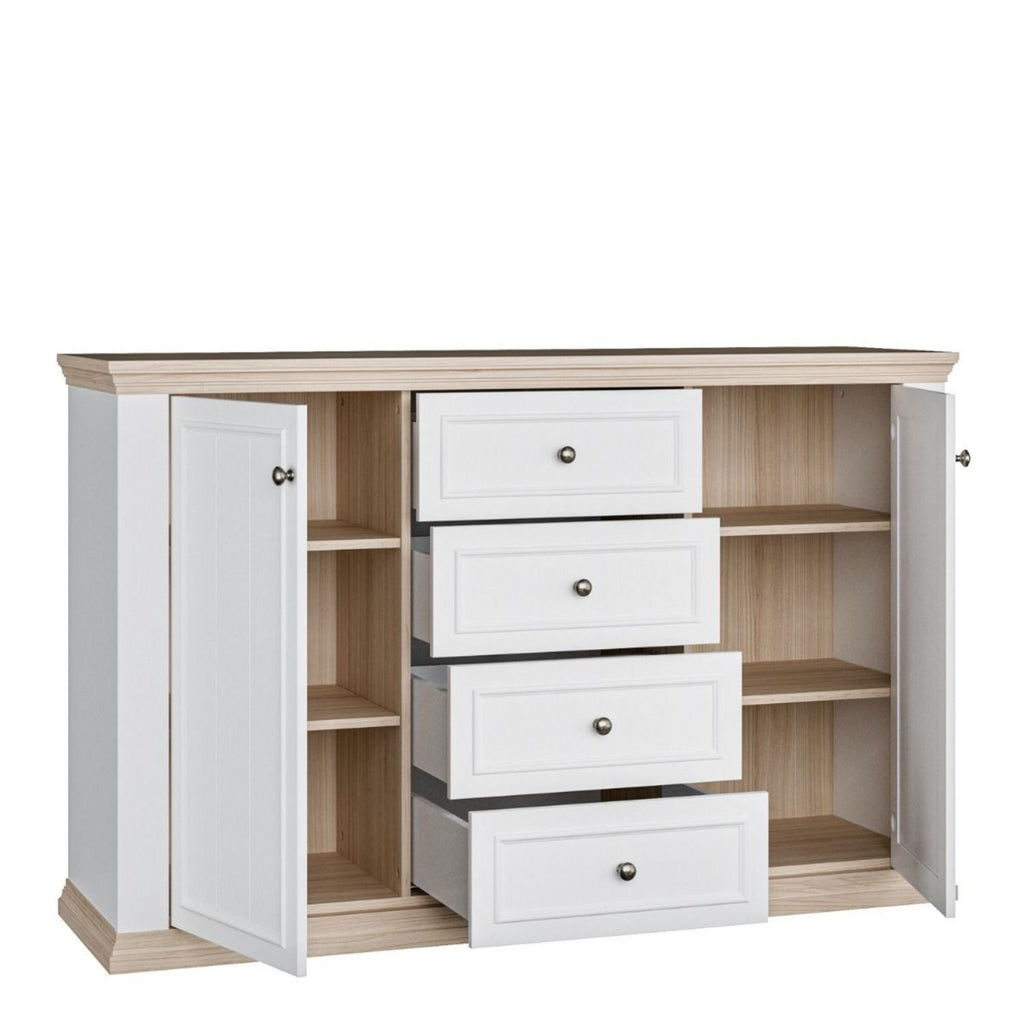 Pontypool 4 Drawer & 2 Door Sideboard in White and Riva Oak