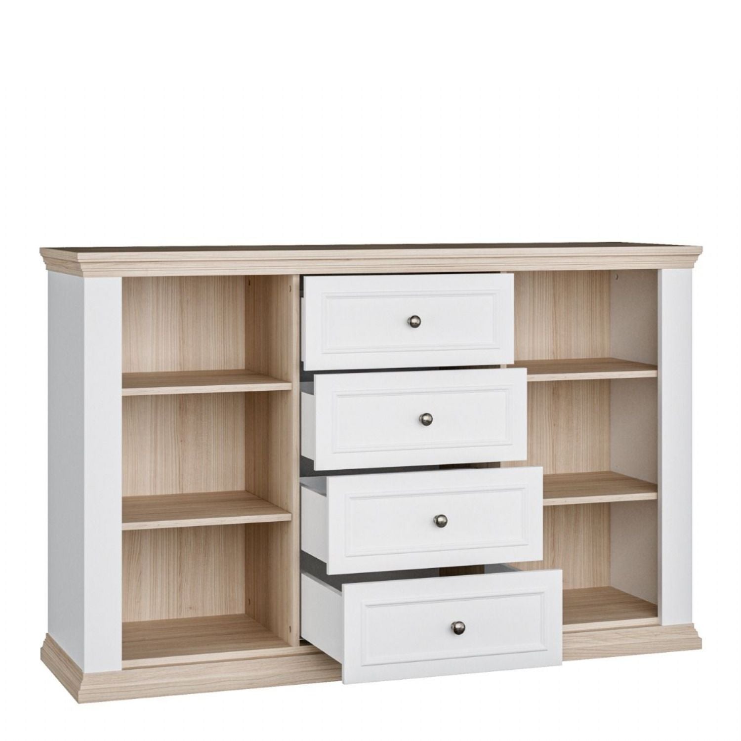 Pontypool 4 Drawer & 2 Door Sideboard in White and Riva Oak