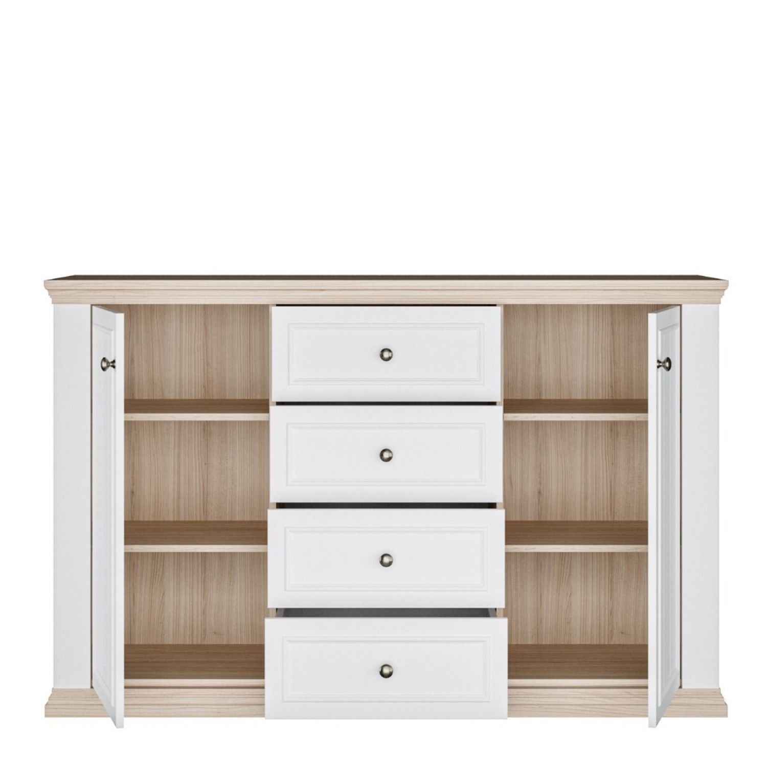 Pontypool 4 Drawer & 2 Door Sideboard in White and Riva Oak