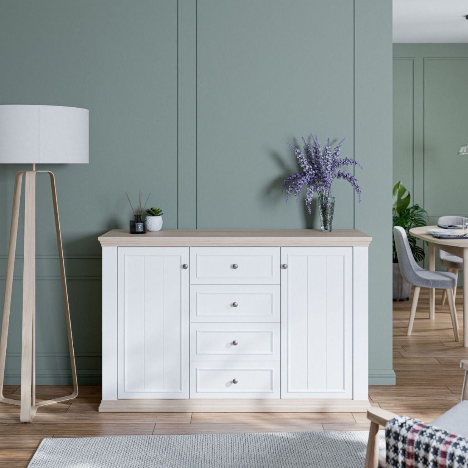 Pontypool 4 Drawer & 2 Door Sideboard in White and Riva Oak