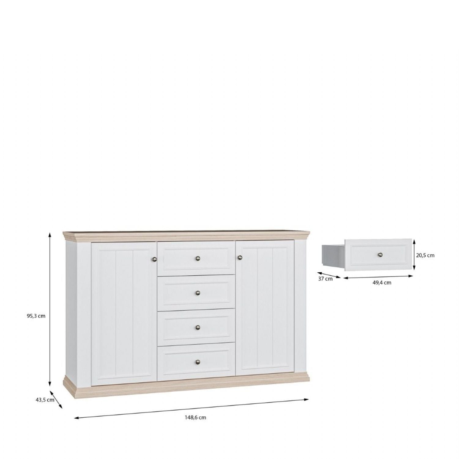 Pontypool 4 Drawer & 2 Door Sideboard in White and Riva Oak