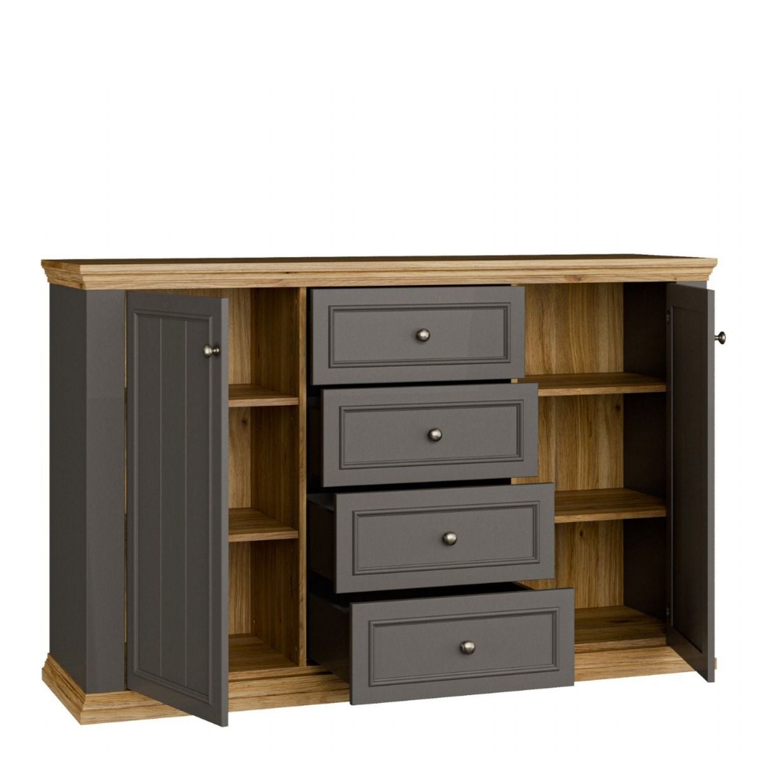Pontypool 4 Drawer & 2Door Sideboard in Grey and Mauvella Oak