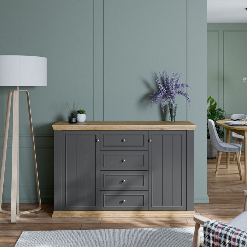 Pontypool 4 Drawer & 2Door Sideboard in Grey and Mauvella Oak