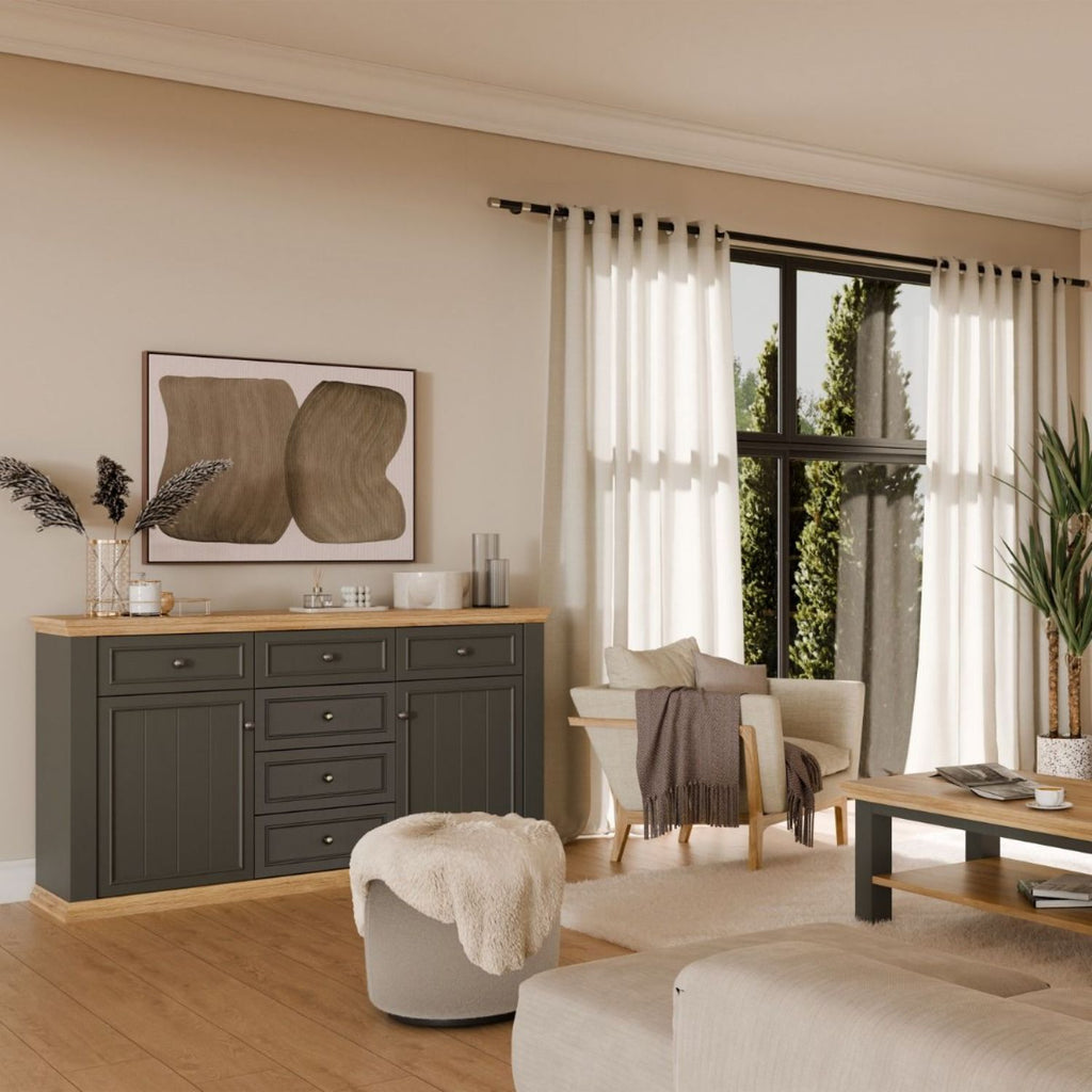 Pontypool 4 Drawer & 2Door Sideboard in Grey and Mauvella Oak