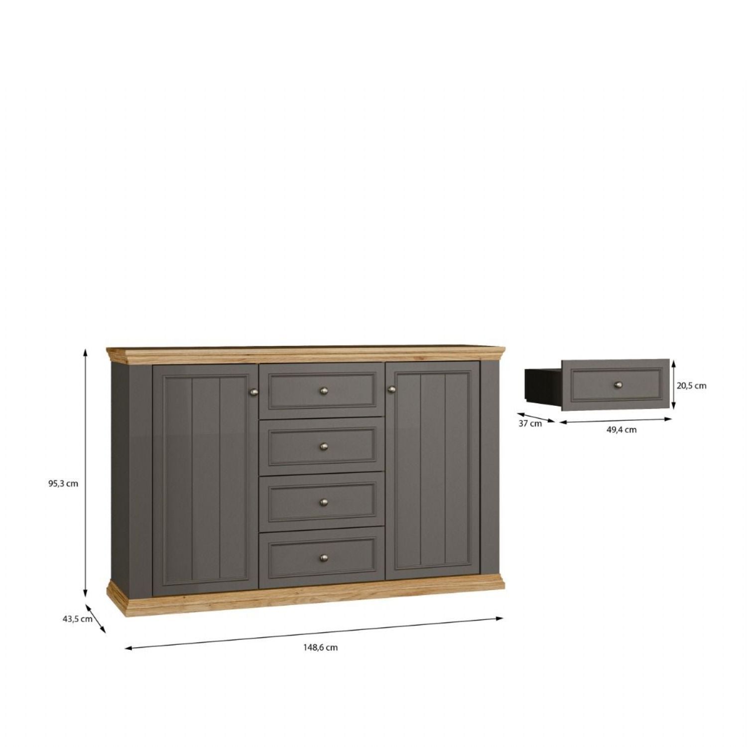 Pontypool 4 Drawer & 2Door Sideboard in Grey and Mauvella Oak