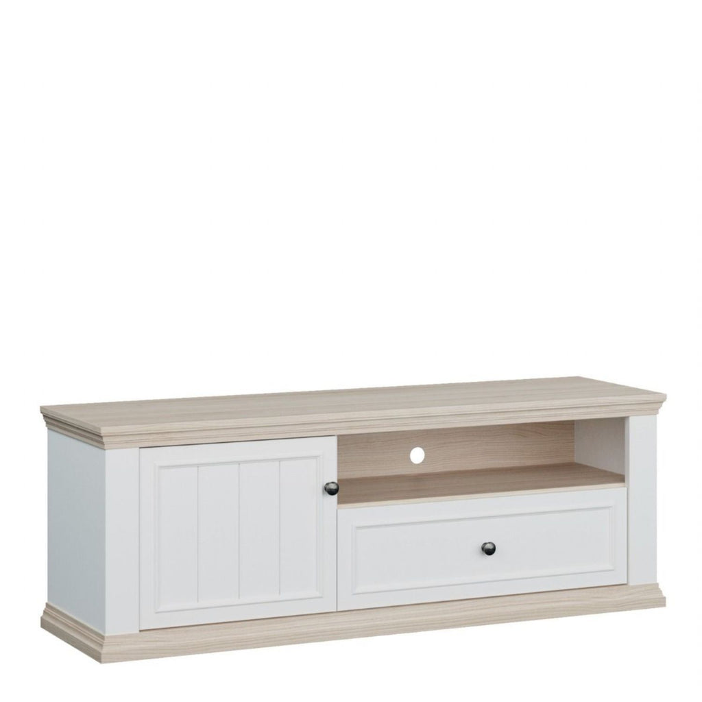 Pontypool TV Unit with Drawer &amp; Open Shelf in White and Riva Oak