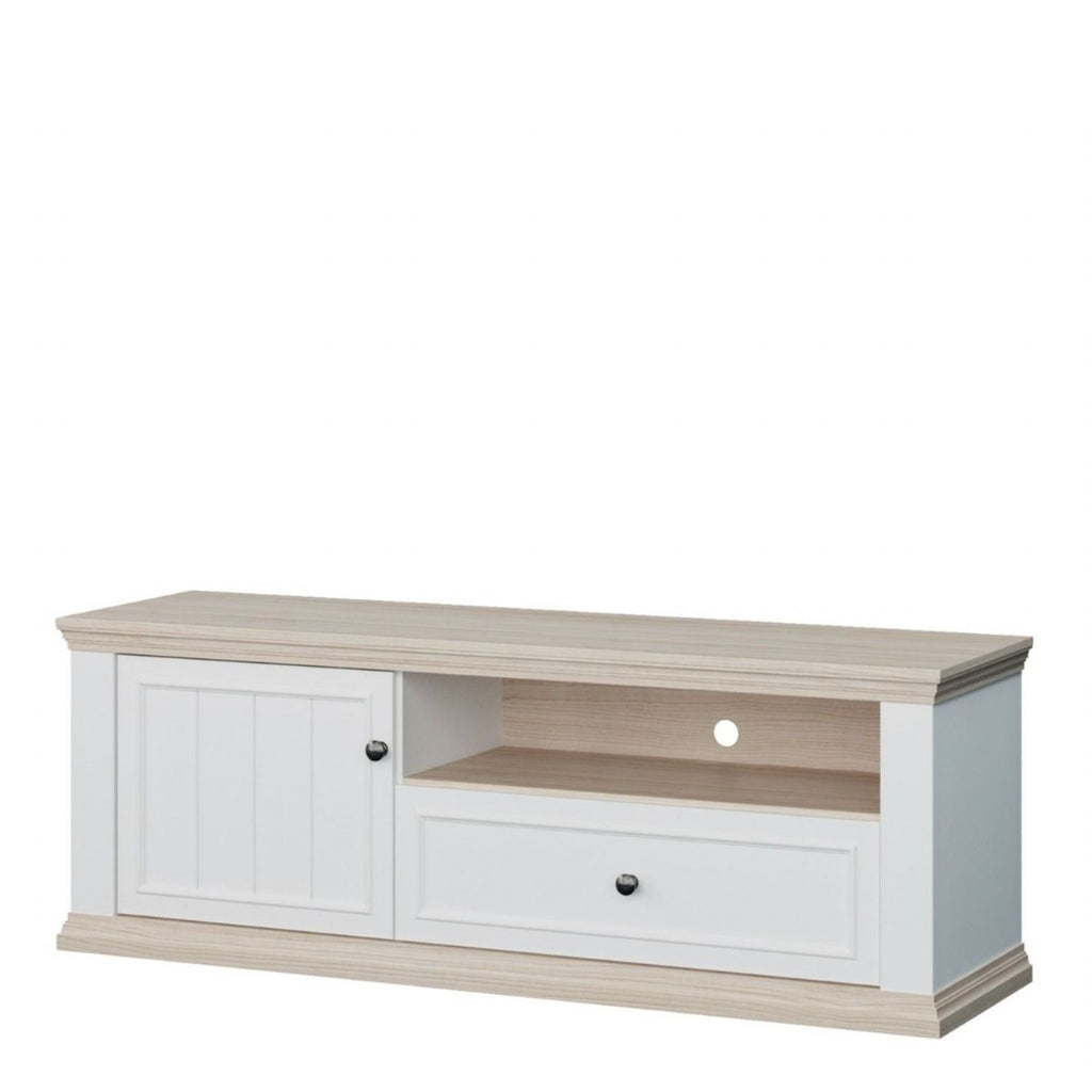 Pontypool TV Unit with Drawer & Open Shelf in White and Riva Oak