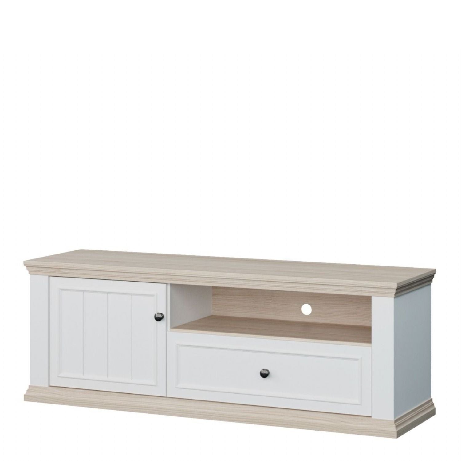 Pontypool TV Unit with Drawer & Open Shelf in White and Riva Oak