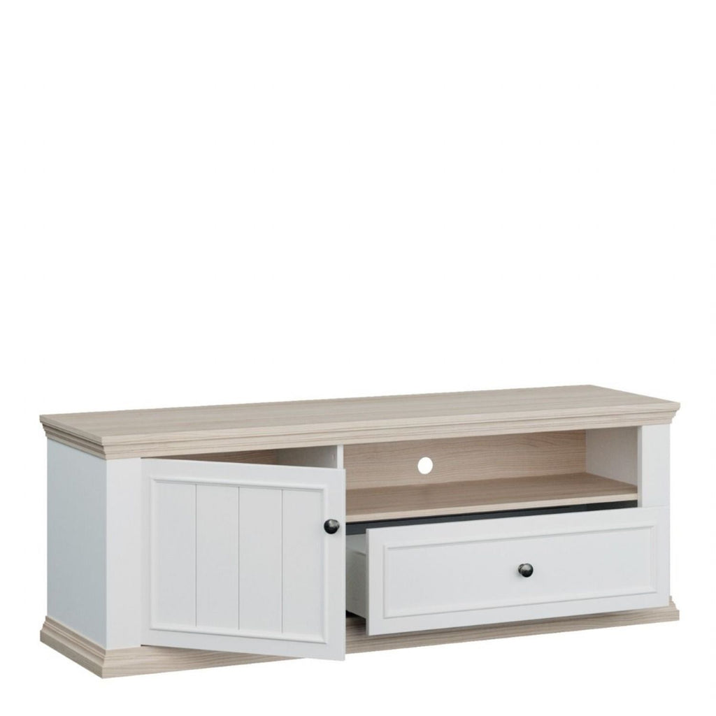 Pontypool TV Unit with Drawer & Open Shelf in White and Riva Oak