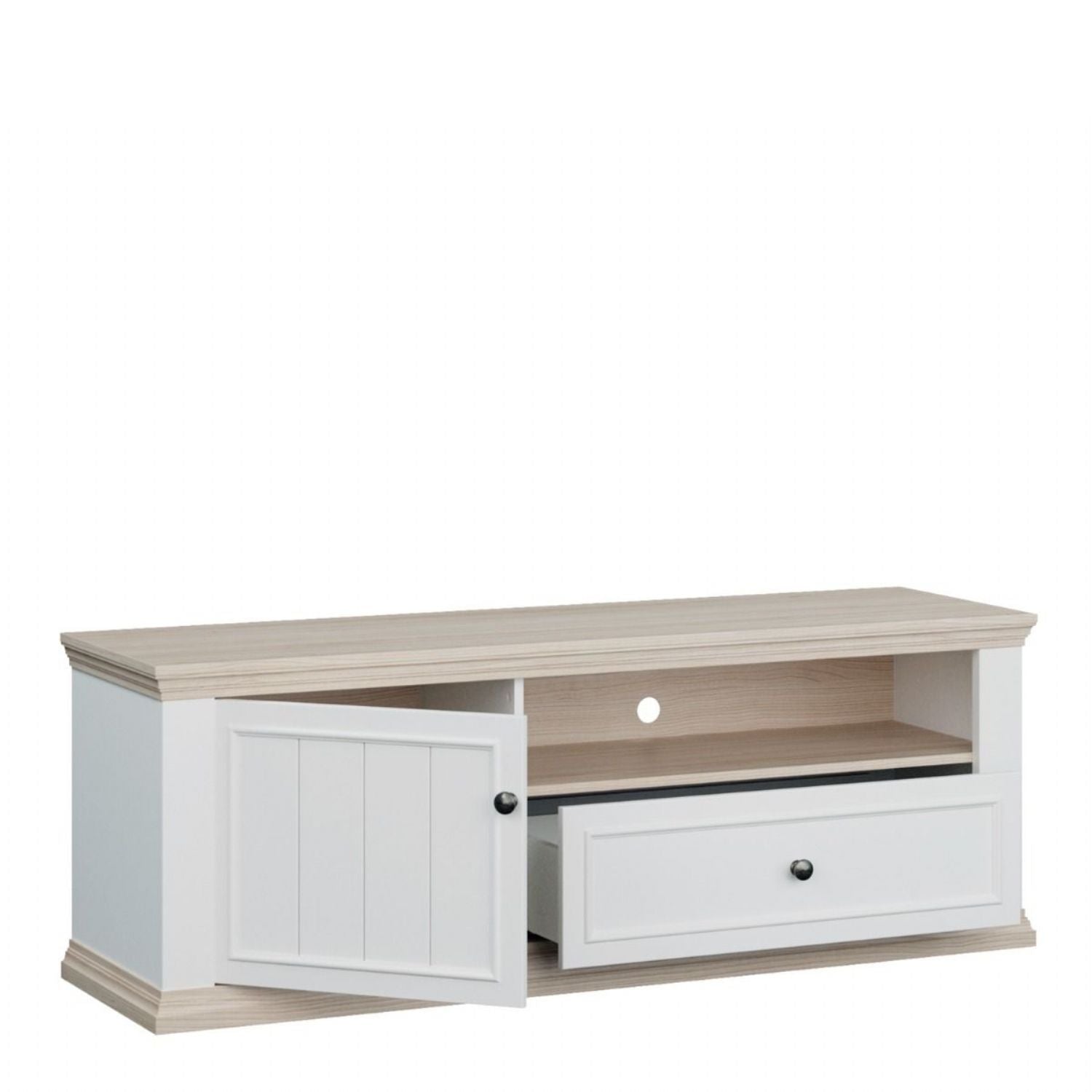 Pontypool TV Unit with Drawer & Open Shelf in White and Riva Oak