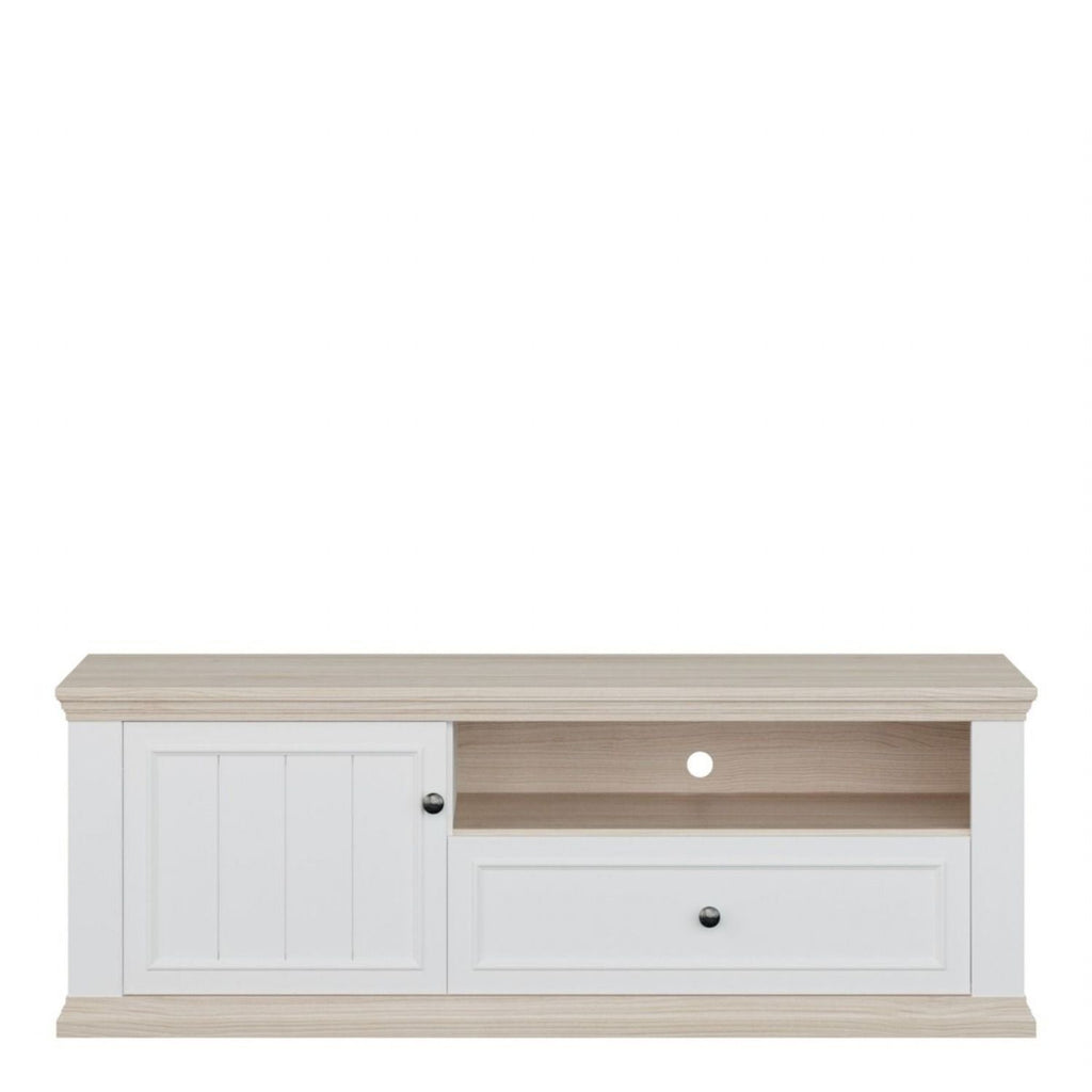 Pontypool TV Unit with Drawer & Open Shelf in White and Riva Oak
