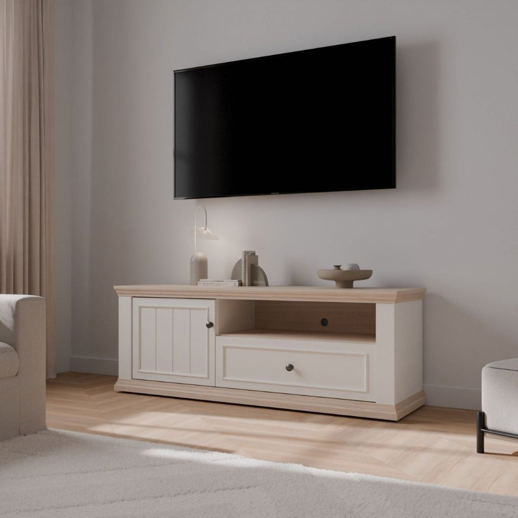 Pontypool TV Unit with Drawer & Open Shelf in White and Riva Oak