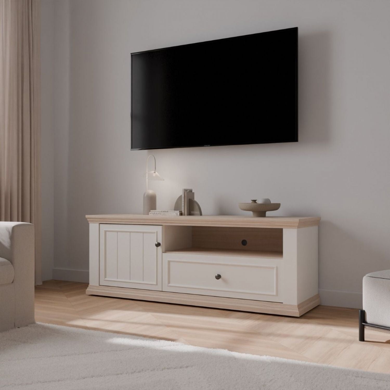 Pontypool TV Unit with Drawer & Open Shelf in White and Riva Oak