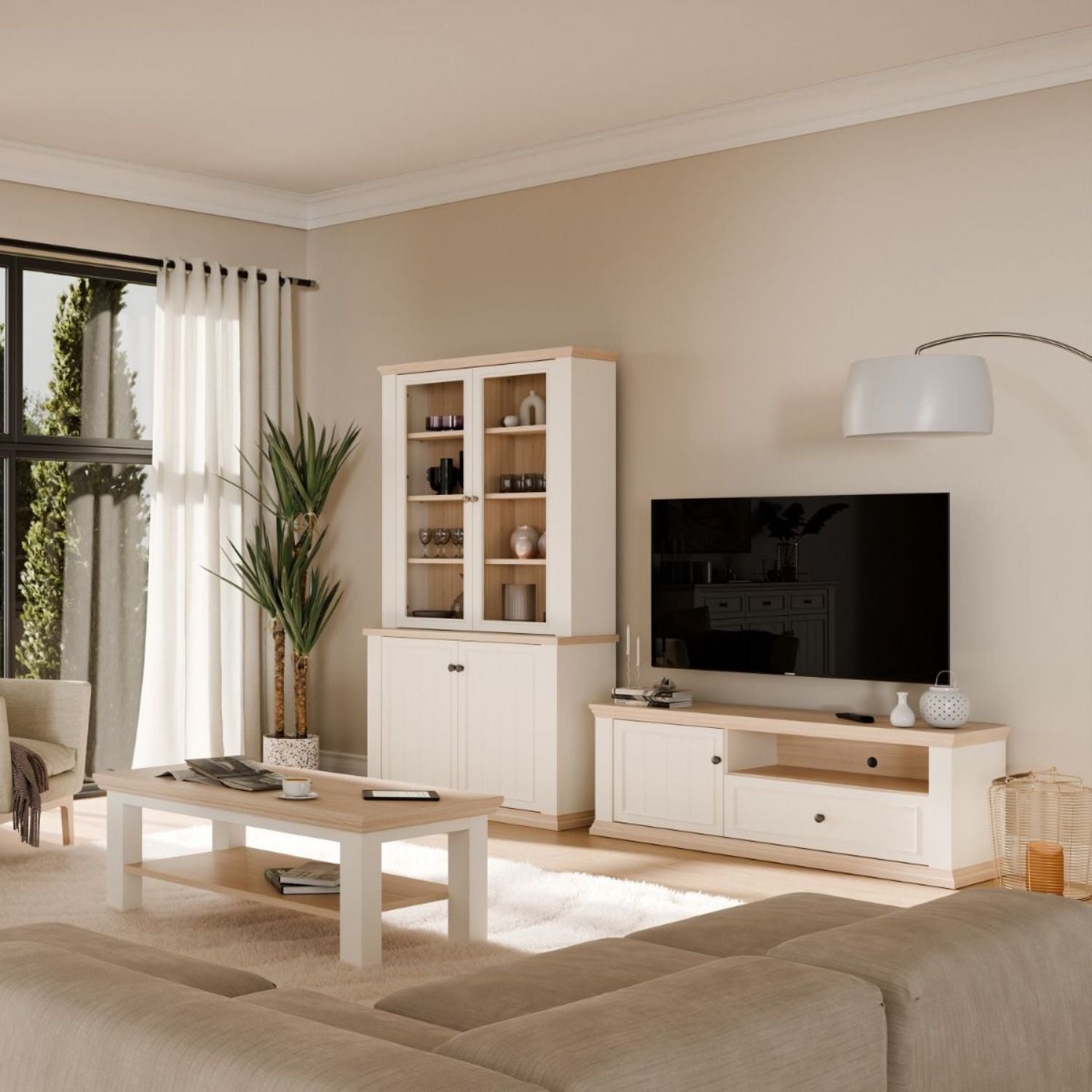 Pontypool TV Unit with Drawer & Open Shelf in White and Riva Oak