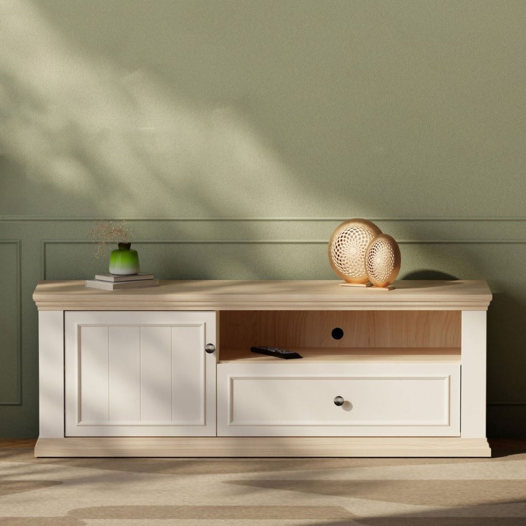 Pontypool TV Unit with Drawer & Open Shelf in White and Riva Oak