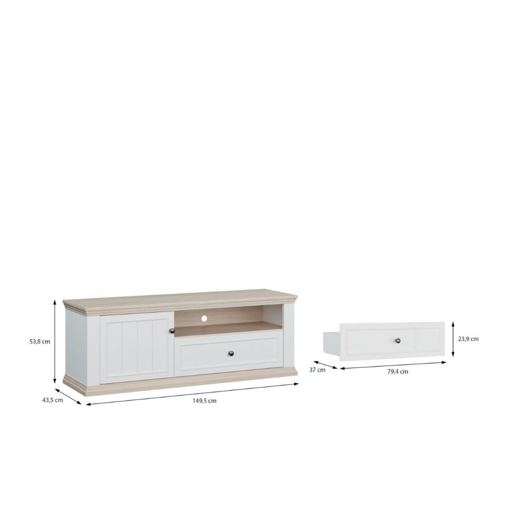 Pontypool TV Unit with Drawer & Open Shelf in White and Riva Oak