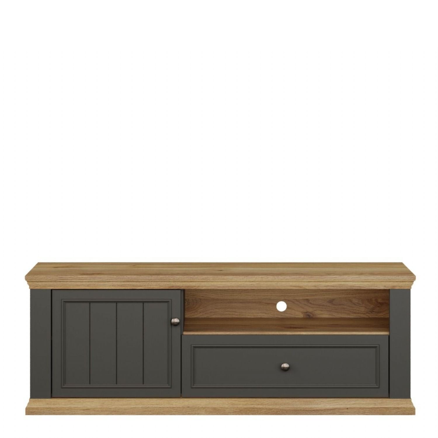 Pontypool TV Unit with Drawer & Open Shelf in Grey and Mauvella Oak