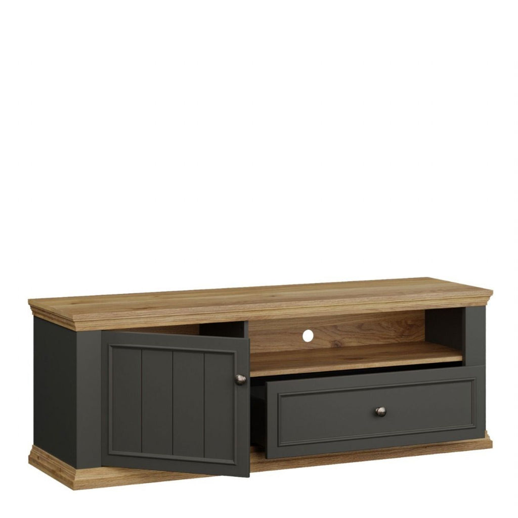 Pontypool TV Unit with Drawer & Open Shelf in Grey and Mauvella Oak