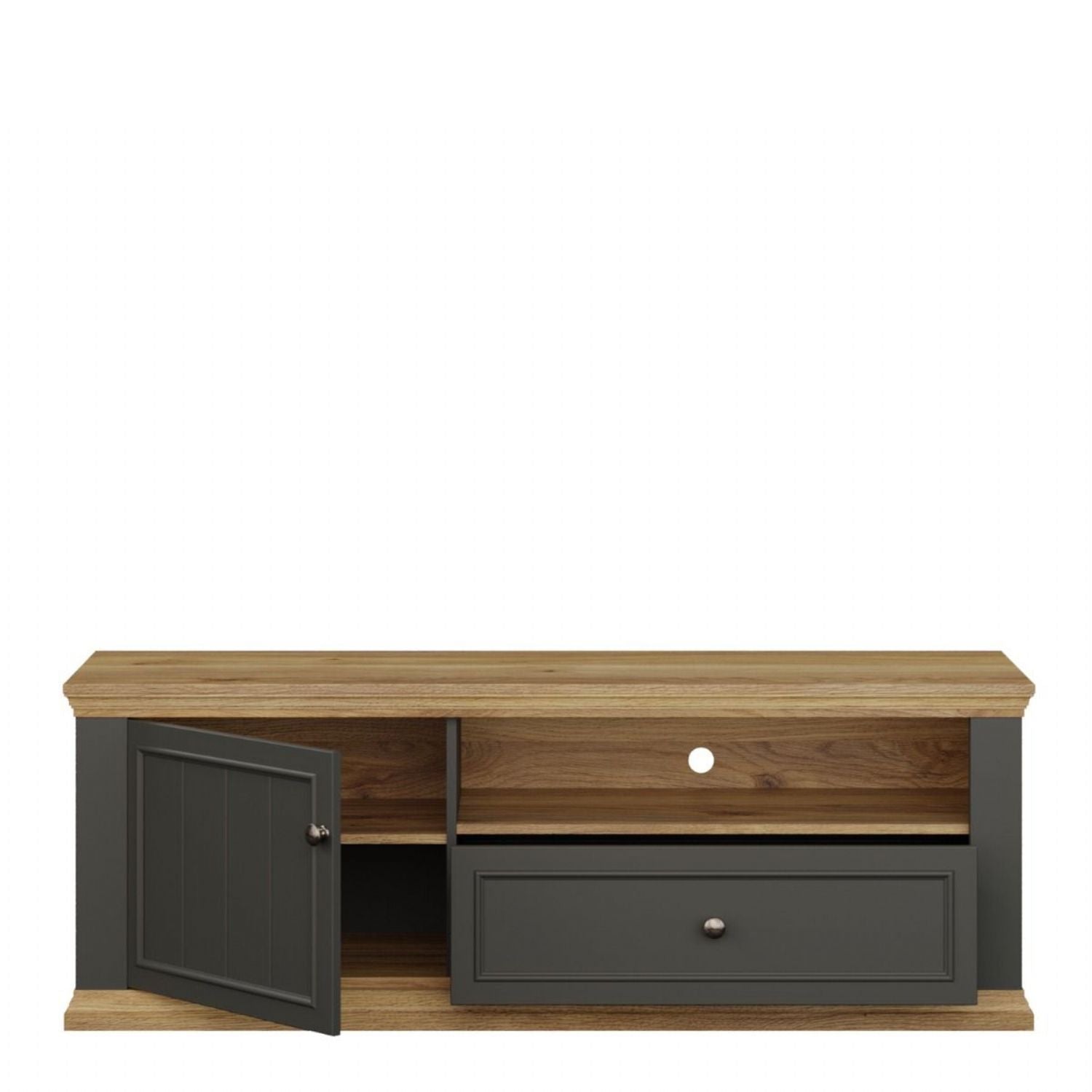 Pontypool TV Unit with Drawer & Open Shelf in Grey and Mauvella Oak