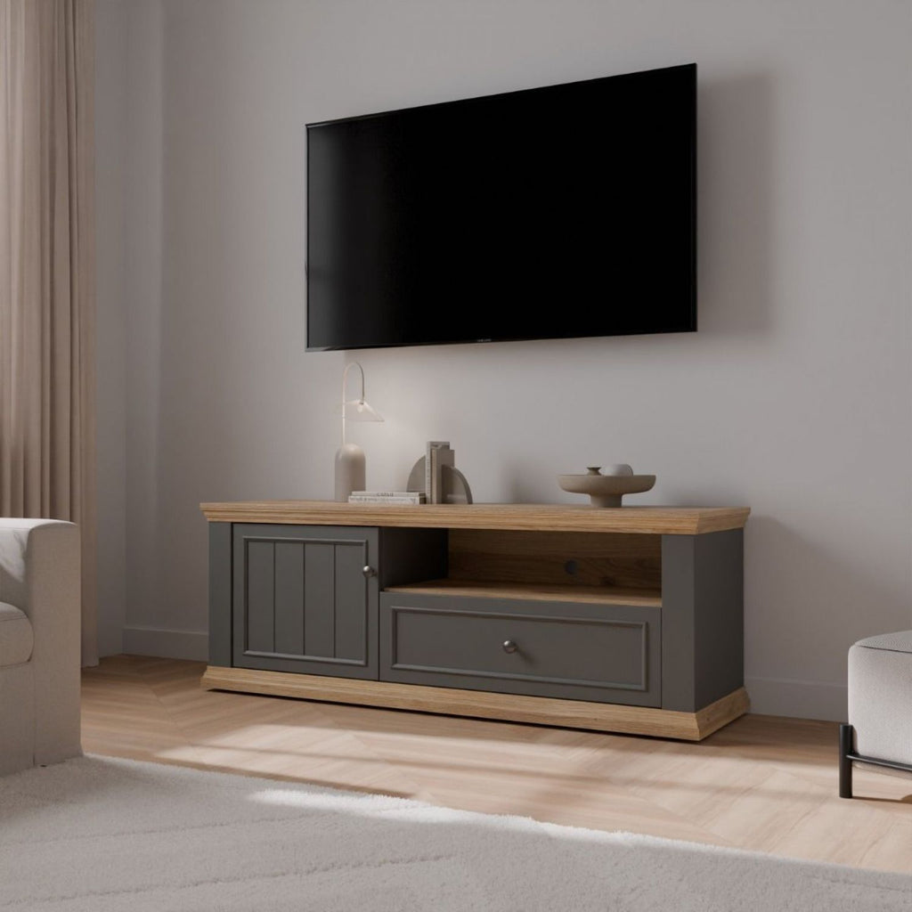 Pontypool TV Unit with Drawer & Open Shelf in Grey and Mauvella Oak