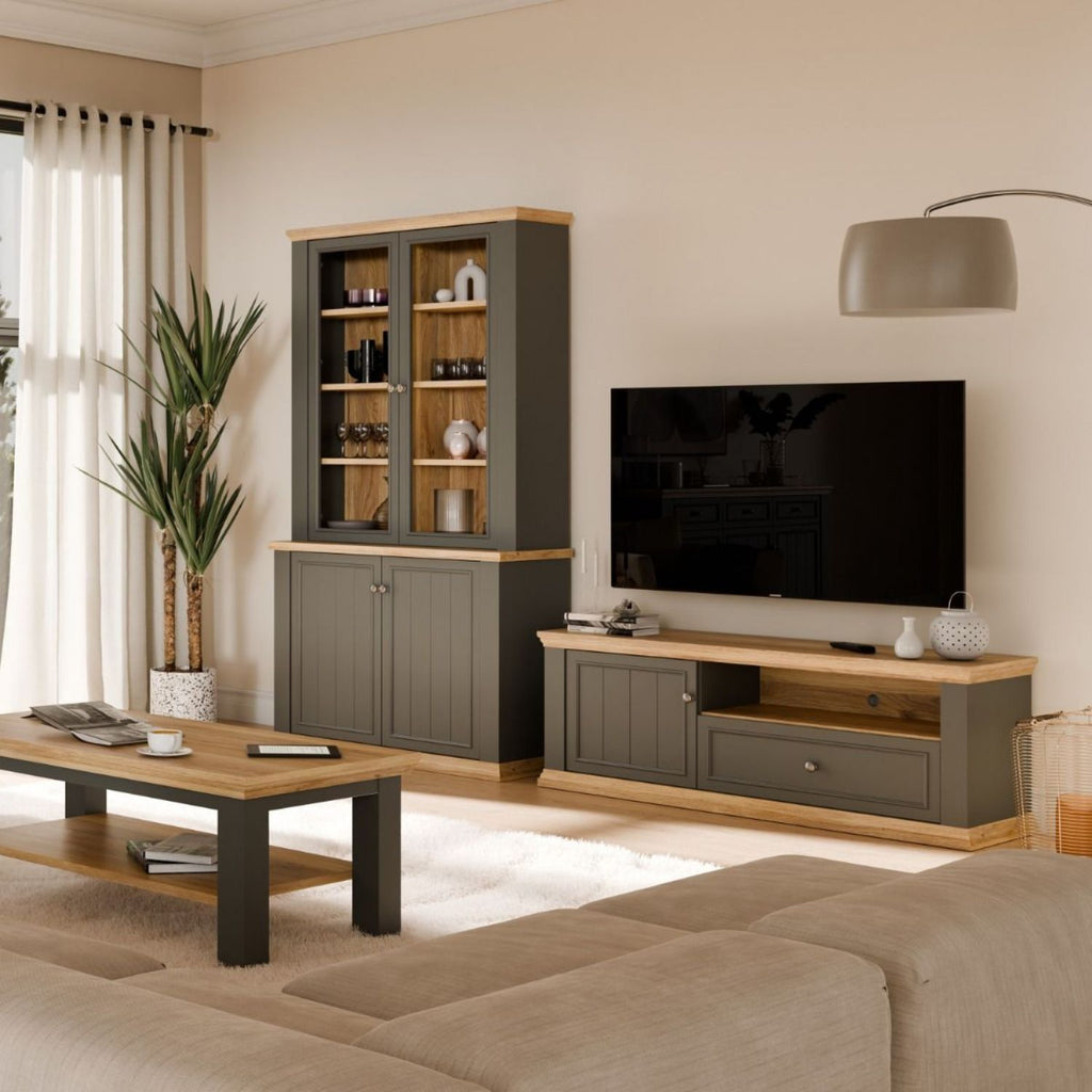 Pontypool TV Unit with Drawer & Open Shelf in Grey and Mauvella Oak