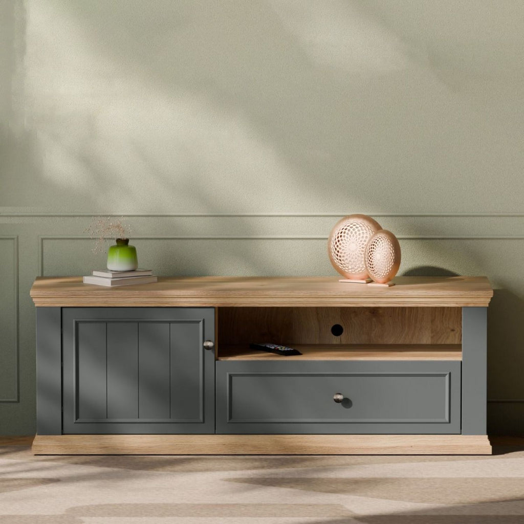 Pontypool TV Unit with Drawer & Open Shelf in Grey and Mauvella Oak